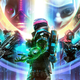 A soldier in a space suit stands in front of two other people with guns.